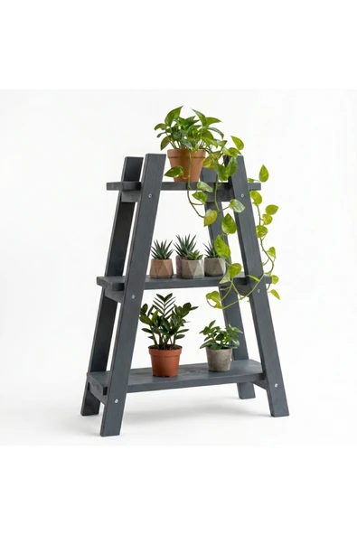 Ev dekka Dekoratif Ahşap Merdiven Çiçeklik Saksı Standı 3 Katlı Balkon Bahçe Rafı 120x100 cm ürün görseli 1