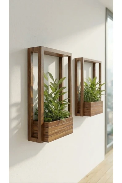 Ev dekka Delmesiz Montaj Masif Ahşap Duvar Saksılığı - Çift Taraflı Bantlı Dekoratif Çiçeklik (40x100 cm) ürün görseli 1