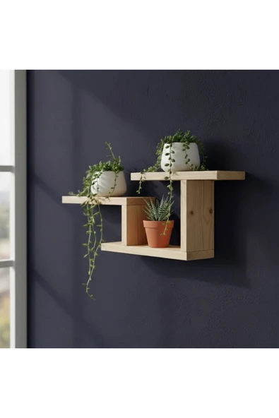 Ev dekka Modern Dekoratif Ahşap Duvar Rafı - 48x29 cm - Çift Taraflı Bantlı Montaj - Saksılık & Kitaplık ürün görseli 1