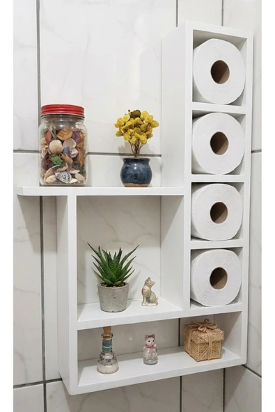 Ev dekka 100x60 cm Dev Boy Masif Ham Ahşap Banyo Rafı - 6 Geniş Bölmeli Tuvalet Kağıtlığı ve Düzenleyici ürün görseli 1