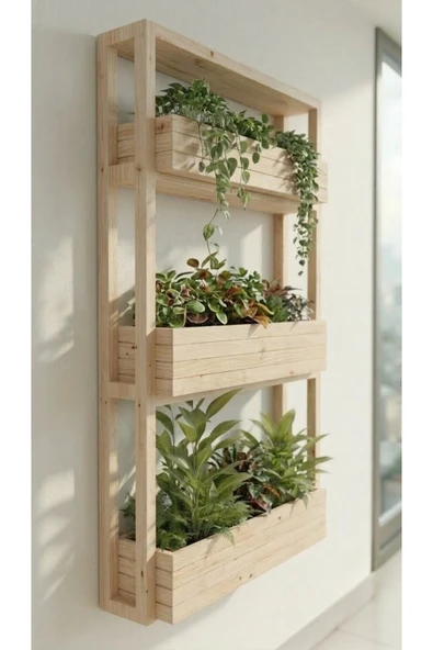 Ev dekka Matkap Gerektirmeyen Çift Taraflı Bantlı Duvar Saksılığı - 40x100 cm Masif Ahşap Çiçeklik ürün görseli 1