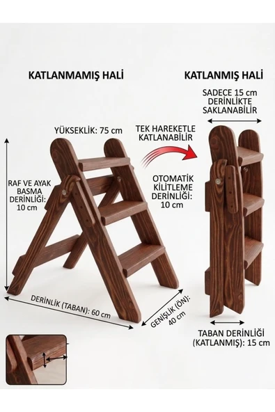 Ev dekka Kestane Rengi Masif Ahşap Katlanır Merdiven - Dekoratif Basamak Tabure (75 cm) ürün görseli 1