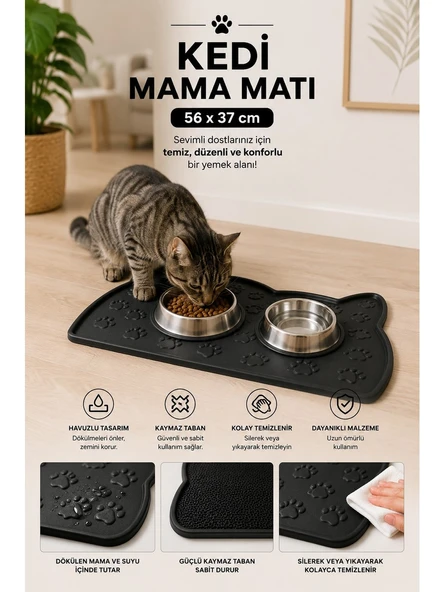 Mama Matı Havuzlu Yıkanabilir Kaymaz Evcil Hayvan Beslenme Matı Kedi Köpek Paspası 56x37 ürün görseli 1