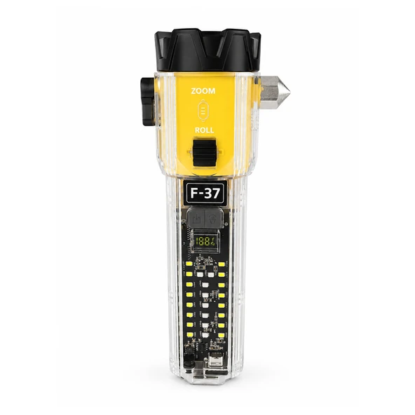 KL-1507 Çok Fonksiyonlu Güçlü Işıklı El Feneri Cam Kırıcı Kemer Kesici Alarm Çakmak Özellikli Fener ürün görseli 1