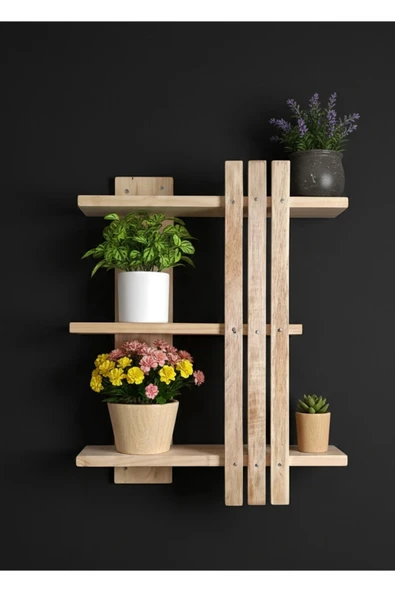 Ev dekka Ahşap Dekoratif Masif Ahşap 3 Katlı Duvar Rafı Çiçeklik Kitaplık - Saksı Standı 60x50 cm ürün görseli 1