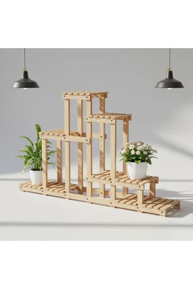 Ev dekka Doğal Köknar Ahşap Çok Katlı Çiçeklik Standı Saksılık 120x150x25 cm ürün görseli 1