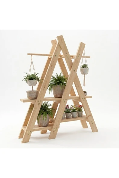 Ev dekka Dekoratif Ahşap Piramit Çiçeklik - 3 Katlı Bahçe ve Balkon Saksı Standı - 120x120 cm ürün görseli 1