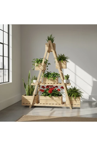 Ev dekka WoodDesign 150x150 cm Doğal Ahşap A Formlu Çiçeklik Standı - 3 Katlı Büyük Boy Saksılık ürün görseli 1
