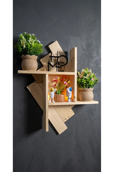Ev dekka Dekoratif Ahşap Duvar Rafı 60x50x10 cm - Çift Taraflı Bantlı Montaja Hazır - Vidasız Duvar Kitaplığı ürün görseli 1