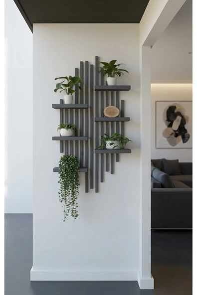 Ev dekka Ahşap Dekoratif Duvar Rafı - 120x60 cm Modern Çıtalı Çiçeklik - Antrasit ürün görseli 1