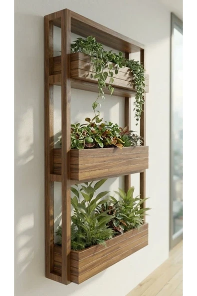 Ev dekka Matkap Gerektirmeyen Çift Taraflı Bantlı Duvar Saksılığı - 40x100 cm Masif Ahşap Çiçeklik ürün görseli 1
