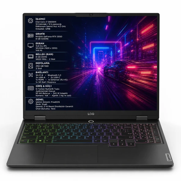LENOVO LOQ 83GS00P6TR i5-12600HX 8GB 256SSD RTX3050 15.6" FHD FreeDOS Dizüstü Bilgisayar-TEST ürün görseli 1