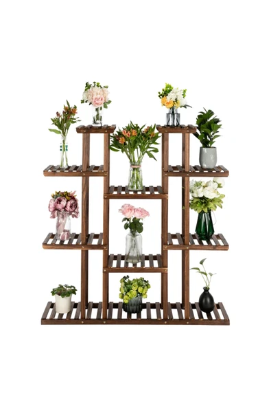 Ev dekka Dekoratif Ahşap Saksılık Çiçeklik Standı - 11 Bölmeli Bahçe Balkon Çiçek Rafı 120x120 cm ürün görseli 1