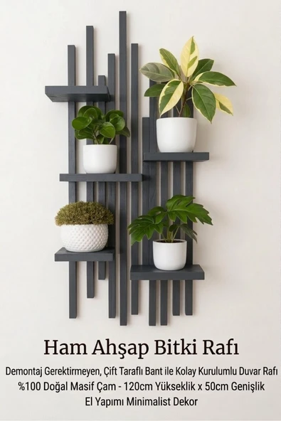 Ev dekka WoodStore | Premium Masif Ahşap Duvar Rafı - 120x50 cm Delmesiz Kurulum Bitkilik ürün görseli 1