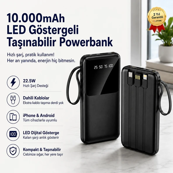 10.000mAh LED Ekranlı Dahili Kablo Powerbank 22.5W Hızlı Şarjlı Ultra İnce Tasarım Taşınabilir Powerbank ürün görseli 1