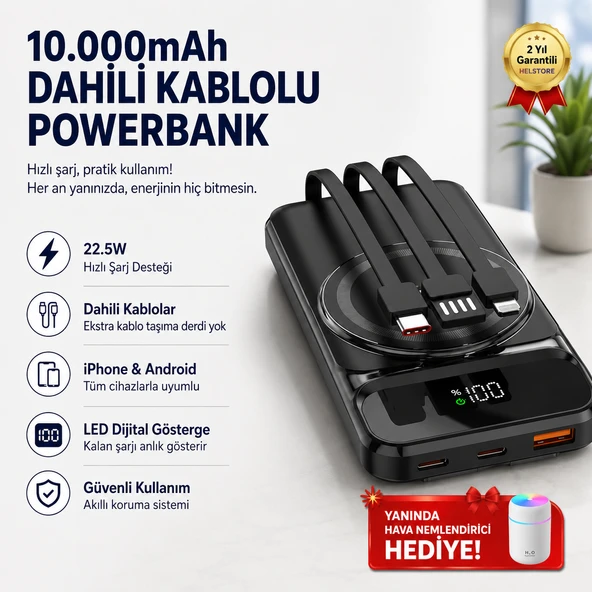 10.000mAh Manyetik Dahili Kablolu Powerbank Hızlı Şarjlı Dijital Göstergeli Taşınabilir Şarj Cihazı ürün görseli 1