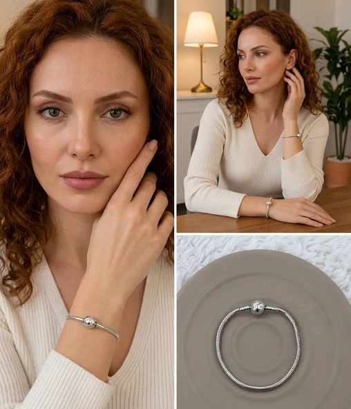? Premium Gümüş Renk Parlak ve Modern Taş Detaylı Charm Uyumlu 316L Çelik Bileklik (~18cm) ürün görseli 1