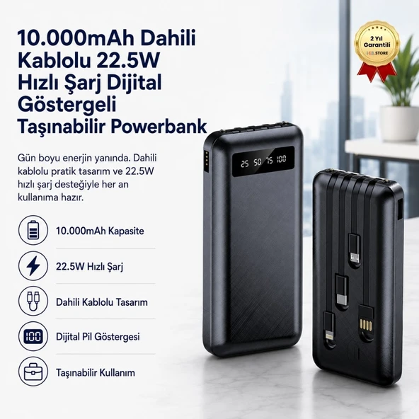 10.000mAh Dahili Kablolu Powerbank 22.5W Hızlı Şarj iPhone Android Uyumlu Dijital Göstergeli Taşınabilir Şarj Cihazı ürün görseli 1
