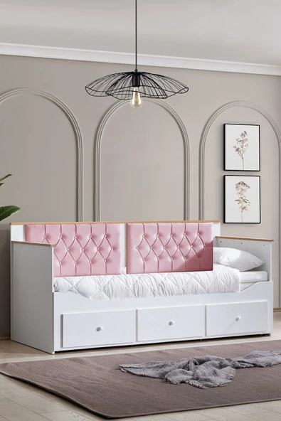 Yavrulu Karyola, Alaçatı Divan Karyola Çekmeceli Açılır Çift Kişilik Karyola Soft Yatak  pembe 80 x 200 ürün görseli 1