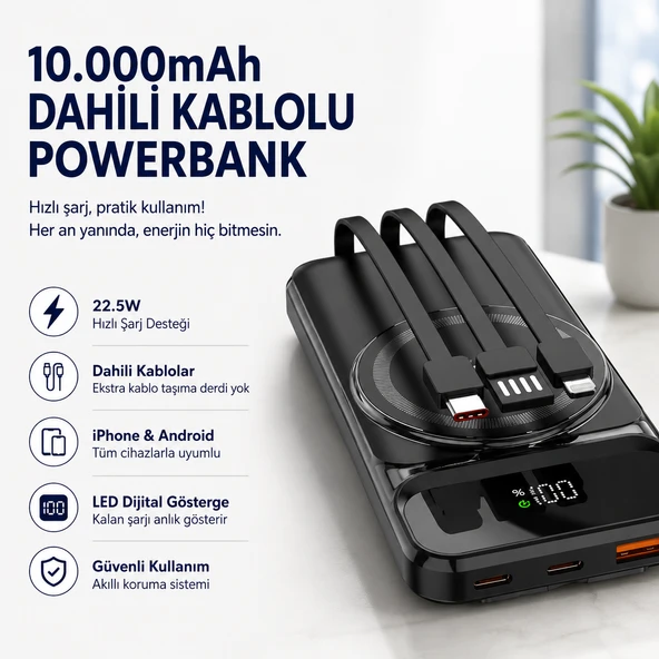 Powerbank 10.000mAh Manyetik Dahili Kablolu Hızlı Şarjlı Dijital Göstergeli Taşınabilir Şarj Cihazı ürün görseli 1