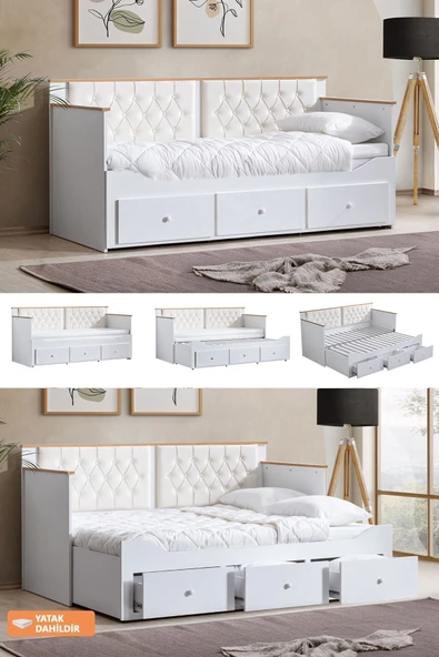 Yavrulu Karyola, Alaçatı Divan Karyola Çekmeceli Açılır Çift Kişilik Karyola Soft Yatak  Krem 80 x 200 ürün görseli 1