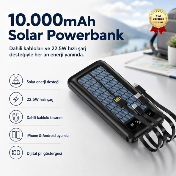 10.000mAh Solar Powerbank Dahili Kablolu 22.5W Hızlı Şarj iPhone Android Uyumlu Taşınabilir Şarj Cihazı ürün görseli 1
