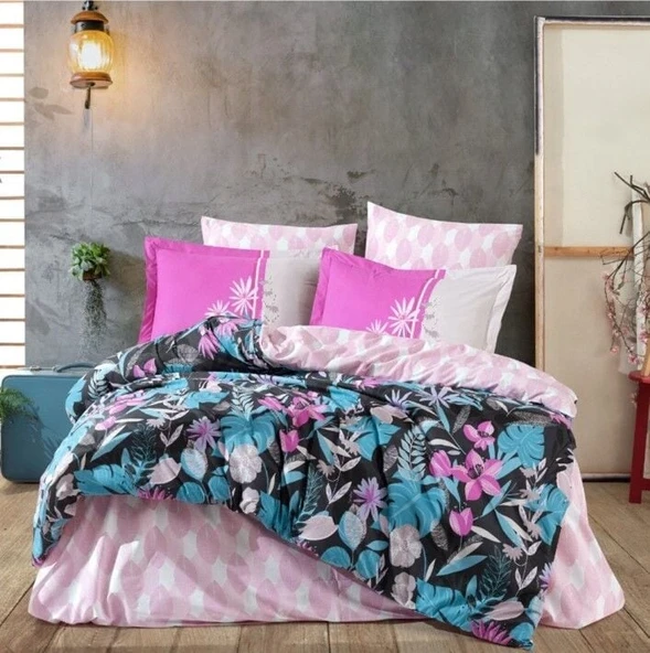 Kingsize Poplin Nevresim Monstera Fuşya ürün görseli 1