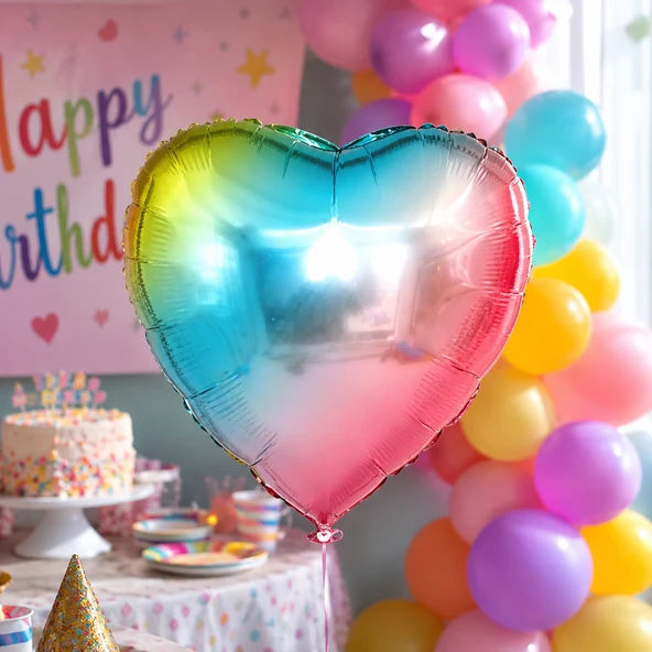 Rainbow Kalp Folyo Balon 18 İnç Doğum Günü Parti Süsü Dekorasyon Balonu Helyumlu ürün görseli 1