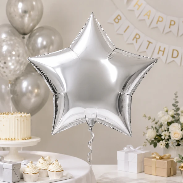 Gümüş Yıldız Folyo Balon 18 İnç 45 cm Doğum Günü Parti Süsü Dekorasyon Balonu ürün görseli 1