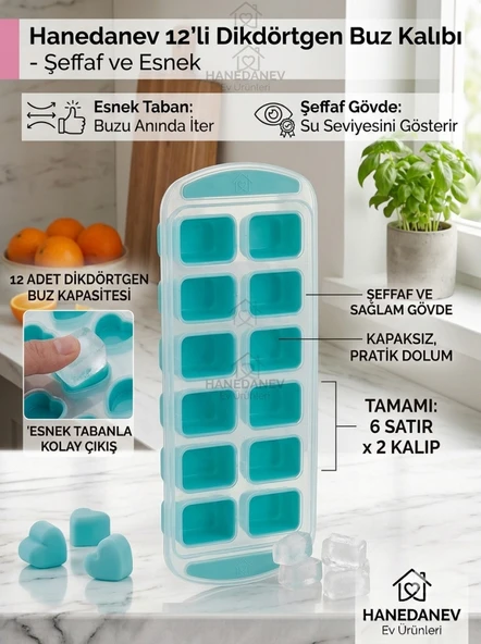 Silikon Tabanlı Dikdörtgen Buz Kalıbı Şeffaf Gövdeli, Kolay Çıkarılabilir Esnek Hazneli, 12 Bölmeli ürün görseli 1