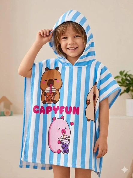 Cg Kids  Capybara Karakter Baskılı Çizgili Kapüşonlu Erkek / Kız Çocuk Panço Plaj ve Havuz Havlusu - Mavi Beyaz ürün görseli 1