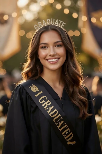 Mezuniyet Tacı ve Kuşağı Seti Altın Taşlı Lüks Taç Siyah Saten Kuşak Graduation ürün görseli 1