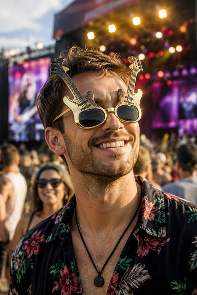 Gold Gitar Parti Gözlüğü Müzik Temalı Kostüm Aksesuarı Konser Festival Eğlence Gözlüğü ürün görseli 1