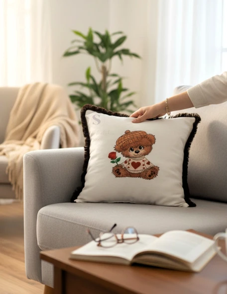 AYICIK NAKIŞLI PÜSKÜLLÜ DUCK KUMAŞ SİYAH PÜSKÜLLÜ YASTIK KILIFI (43 x 43) 1 Adet İÇİ DOLGULU ürün görseli 1