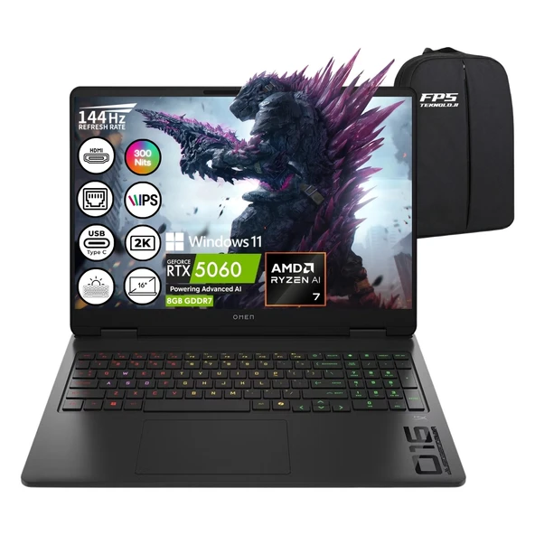 Omen Gaming 16-AP0023NT Ryzen Aı 7-350 RTX5060 64GB Ram 2tb SSD 16" 2k IPS 144Hz W11 C12CSEA Taşınabilir Bilgisayar ürün görseli 1