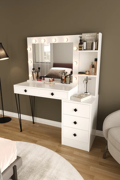 DF02121 LED Işıklı Aynalı Makyaj Masası Raflı Çekmeceli Beyaz Hollywood Model Makyaj Organizer ürün görseli 1