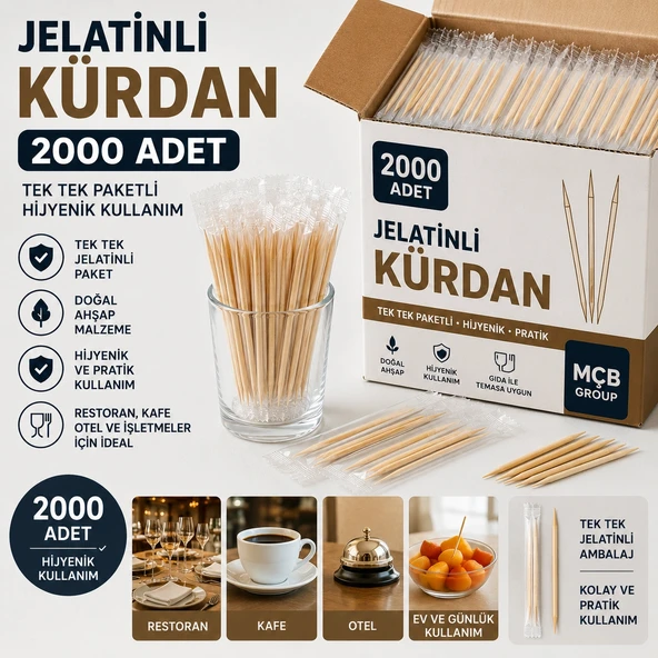 2000 Adet Jelatinli Kürdan Tek Tek Paketli Hijyenik Ahşap Kürdan Restoran Kafe Otel İşletme ürün görseli 1