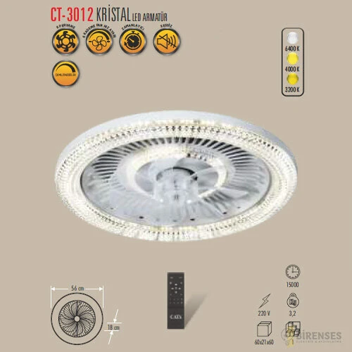 CT-3012 KRİSTAL LED ARMATÜR TAVAN VANTİLATÖR 3RENK ürün görseli 1