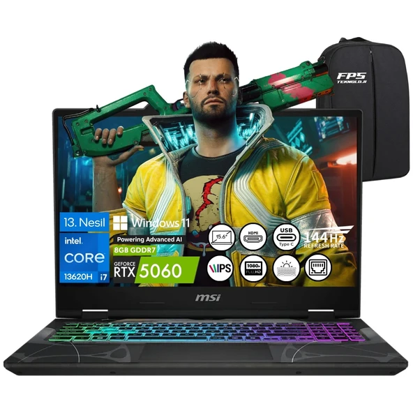 Msı Cyborg 15 B13WFKG-679XTR I7-13620H RTX5060 24GB Ram 2tb SSD 15.6" Fhd IPS 144Hz W11 Taşınabilir Bilgisayar ürün görseli 1