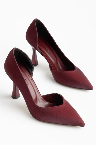 Büyük Beden Kadın İnce Topuklu Stiletto Bordo Parlak Saten Yan Açık ürün görseli 1