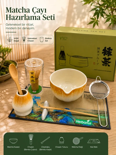 Herbarius 6 Parça Turuncu Beyaz Renk Matcha Çayı Hazırlama Seti - Geleneksel Japon Matcha Seti ürün görseli 1