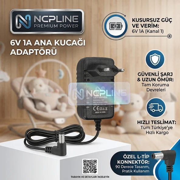 NCPLİNE 6 VOLT 1 AMPER ANA KUCAĞI SALLANAN BEŞİK ADAPTÖRÜ STANDART GİRİŞ 5,5X2,5MM ürün görseli 1