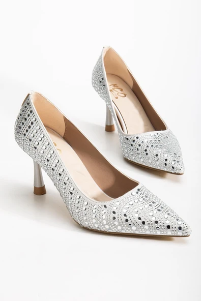 Gümüş Kadın Kadın Abiye Stiletto Topuklu Ayakkabı Taşlı İnce Topuklu ürün görseli 1