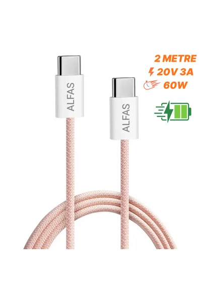 Type-C Şarj Kablosu PD 60W 3A 1Gbps Hızlı Şarj & Data Transfer Usb-c Iphone Android Örgülü Kablo Pembe 2 Metre ürün görseli 1