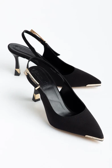 Kadın İnce Topuklu Stiletto Siyah Saten Burun Taşlı Aksesuarlı ürün görseli 1