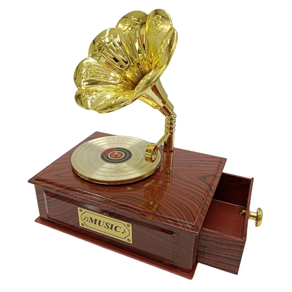 Dekoratif Gramofon Müzik Kutusu Çekmeceli Retro 12x9cm ürün görseli 1
