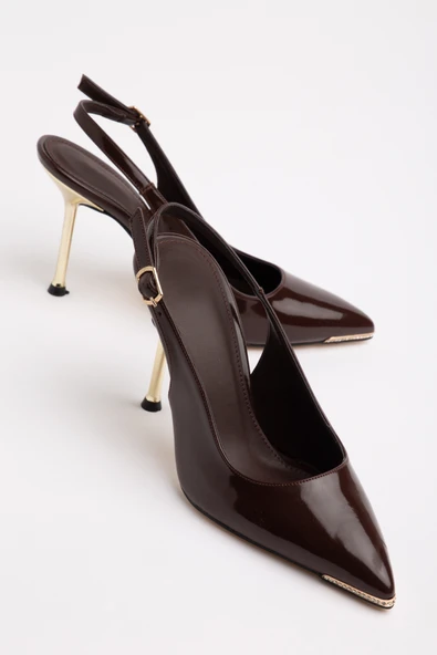 Kadın İnce Topuklu Stiletto Kahverengi Rugan Metal Taş Aksesuarlı ürün görseli 1