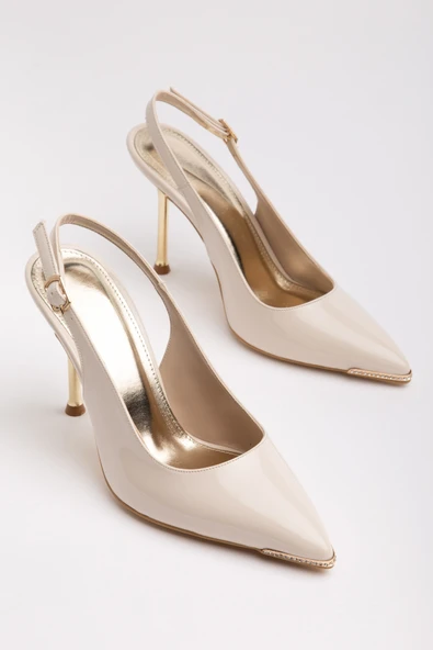 Kadın İnce Topuklu Stiletto Ten Rugan Metal Taş Aksesuarlı ürün görseli 1