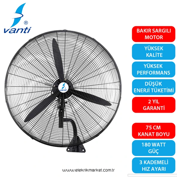 Vanti Sanayi Tipi Kumandalı Duvar Vantilatör 75cm- KCF292KD ürün görseli 1