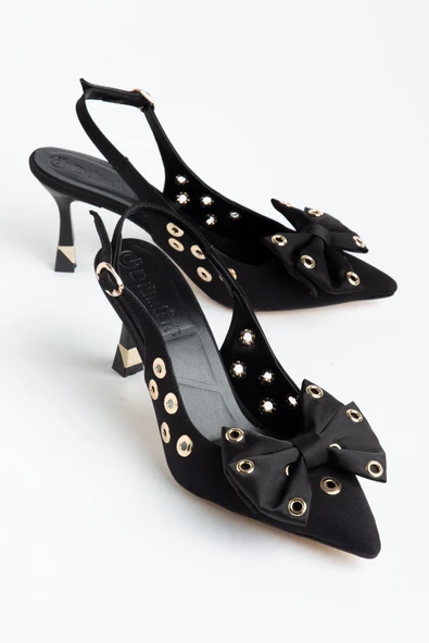Kadın İnce Topuklu Stiletto Siyah Saten Fiyonklu ürün görseli 1